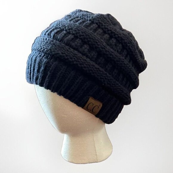 CC Beanie Hat Knit Cap Winter Warm Cable Knit Slouchy‎ Skully Navy Blue - Picture 1 of 8